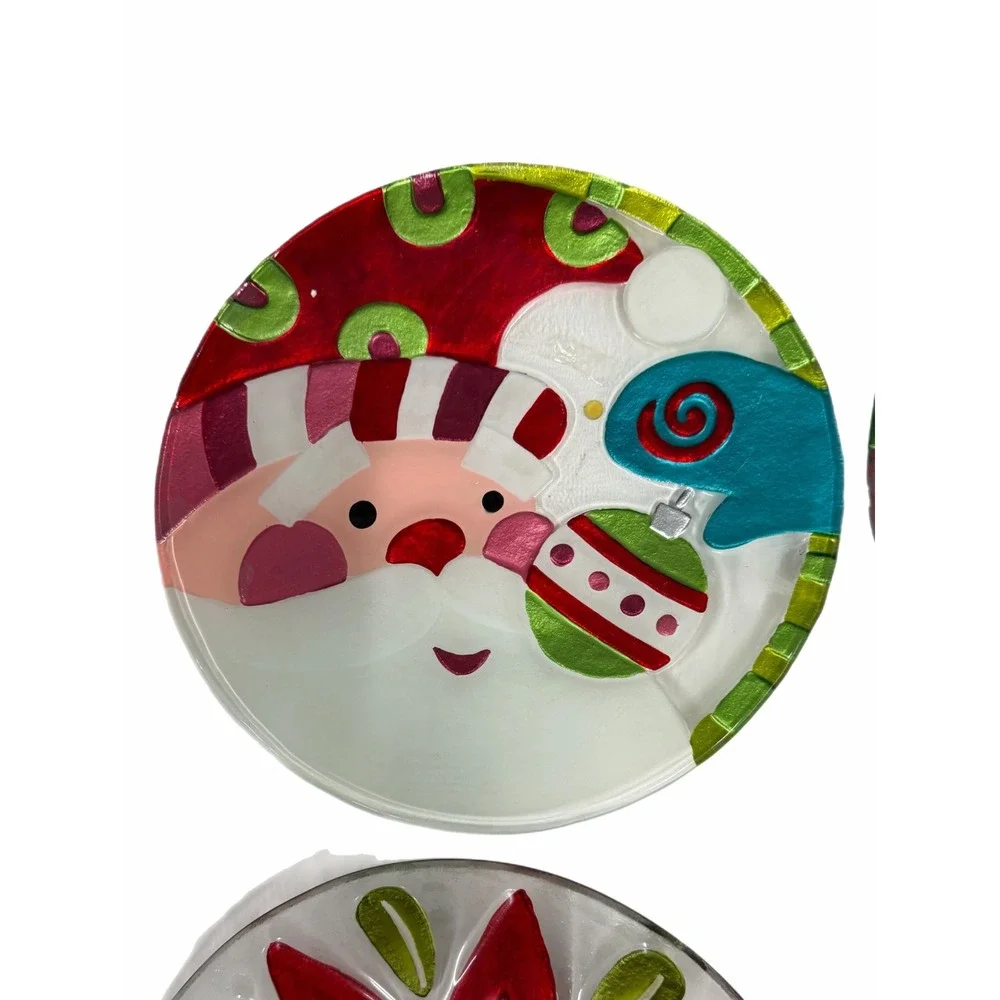 Christmas Glass Appetizer Plates Set of 4 Santa Tree Poinsettia Holiday Decor